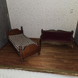 Vintage wooden miniature doll house furniture couch And Bed